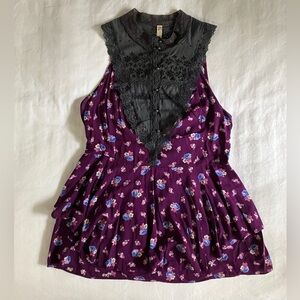 Purple Floral Top from Free People Button Up and Lace Edges, Peplum Style